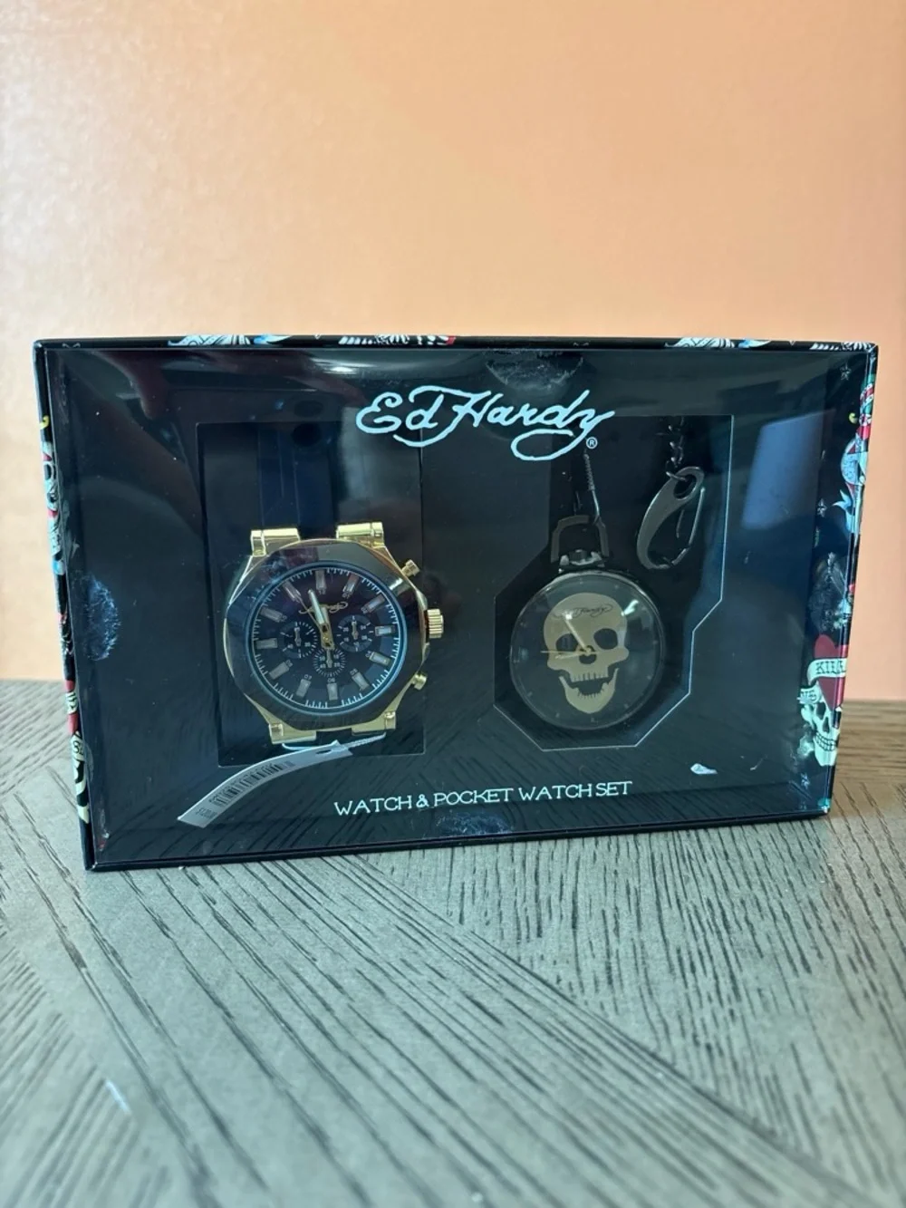Ed Hardy Gold Tone Watch & Skull Pocket Watch Set - Black and Gold